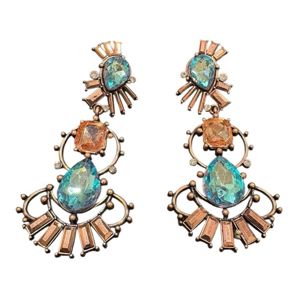 Statement Chandelier Earrings Copper Tone Blue & Peach Crystals J13 - Picture 4 of 7